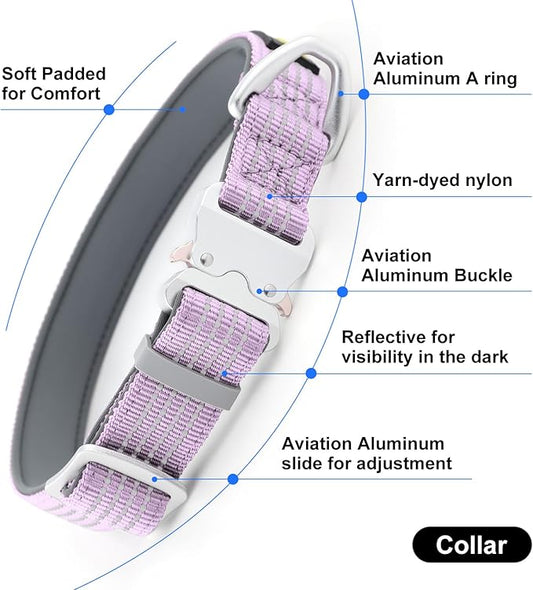 Plutus Pet Reflective Dog Collar with Aviation Aluminum Buckle, Neoprene Padded for Comfort, Lightweight, Heavy Duty Nylon Collar for Puppy Small Medium Large Dogs (Lilac Purple, M)