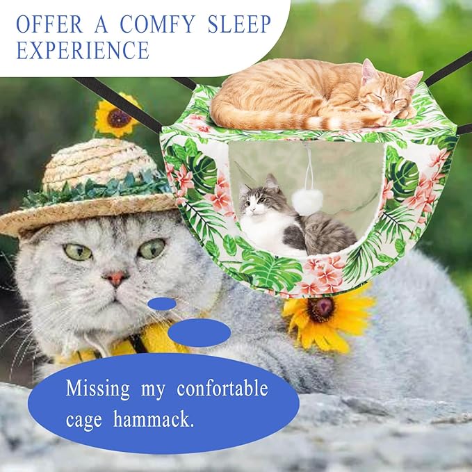 JSPYFITS Cat Cage Hammock with Ball,Double Layer Hanging Adjustable Soft Pet Bed Suit for Kitten Ferret Puppy Rabbit or Small Pet, 2 Level Indoor Bed for All Season(INS Green Leaves)