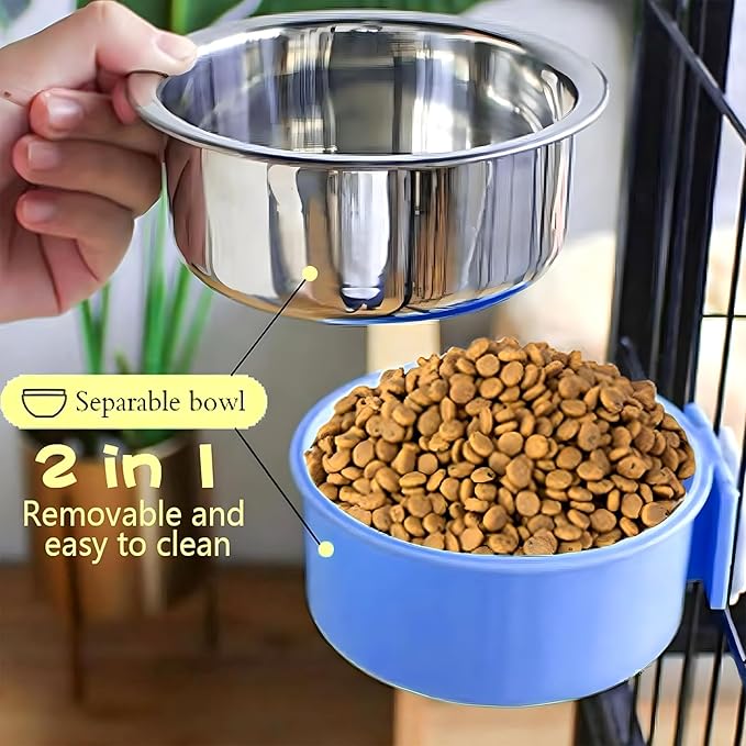 Hamiledyi 2-Pack Hanging Dog Bowls with Removable Stainless Steel Feeder - Spill-Proof Crate Bowls for Kennel/Cage, Puppy to Medium Dogs, Cats, Rabbits & Guinea Pigs (Durable Pet Food & Water Dishes)