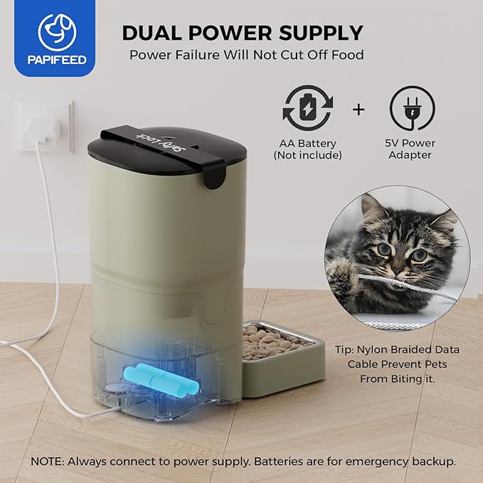 PAPIFEED Automatic Cat Feeder Upgrade, Smart Cat Feeder 6L - APP/Alexa Control, Dual Power Supply, Anti-chewing Cord, Stainless Steel Bowl, Anti-chewing Design for Cats and Small/Medium Dogs (Greener)