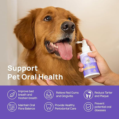 HICC PET Dog Dental Care Spray, Breath Freshener & Teeth Cleaning Spray, Dog Gingivitis Treatment, Prevent Bad Breath & Infections, Relieve Gum Redness, Reduce Plaque & Tartar, No Brushing, 5.1 Fl Oz