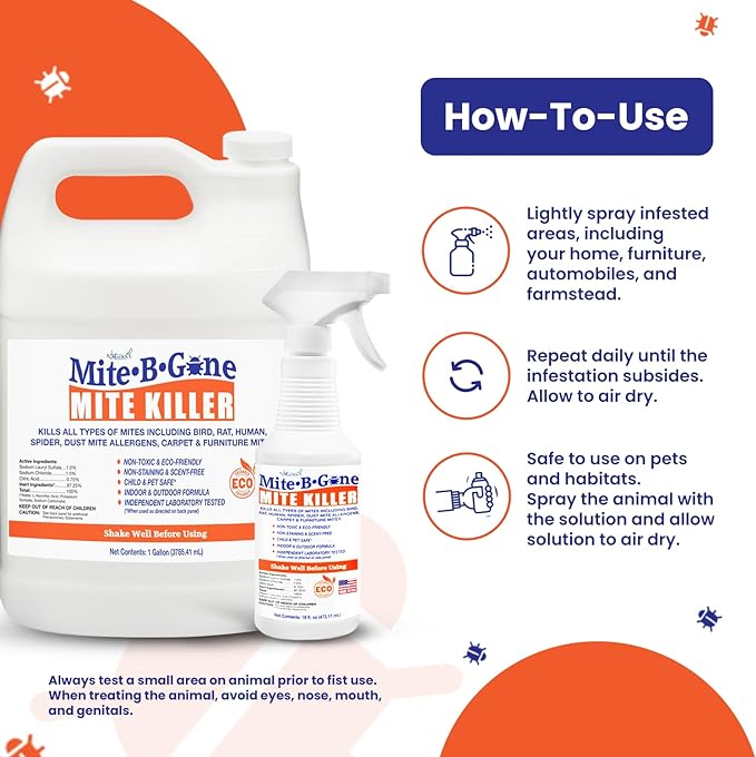 Mite Killer Treatment Spray for Home by Mite-B-Gone - Kills All Types of Mites, Dust, Spider, Rat, Carpet & Bird Mites | Safe for Homes, Furniture & Animals | Non-Toxic | Kid & Pet Friendly | 1 Gal