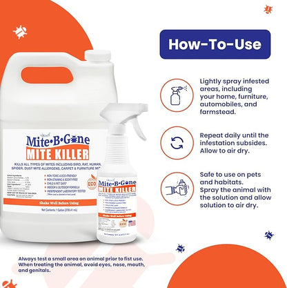 Mite Killer Treatment Spray for Home by Mite-B-Gone - Kills All Types of Mites, Dust, Spider, Rat, Carpet & Bird Mites | Safe for Homes, Furniture & Animals | Non-Toxic | Kid & Pet Friendly | 1 Gal
