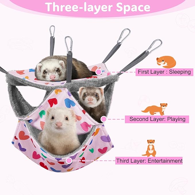 Glittme 3-Layer Ferret Hammock Soft Guinea Pig Hammock Washable Rat Hammock Hamster Cage Accessories Cozy Ferret Bed Toys for Small Animals Pet Sugar Glider