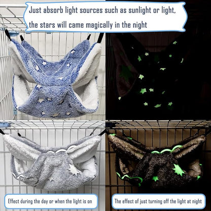 LEFTSTARER Noctilucent Luminous Guinea Pig Rat Hammock Bunkbed Hanging Tunnel and Soft Bed Mat for Ferret Hedgehog Squirrel Hideout Cage Accessories (6.Bunkbed Hammock Cloud&Star)