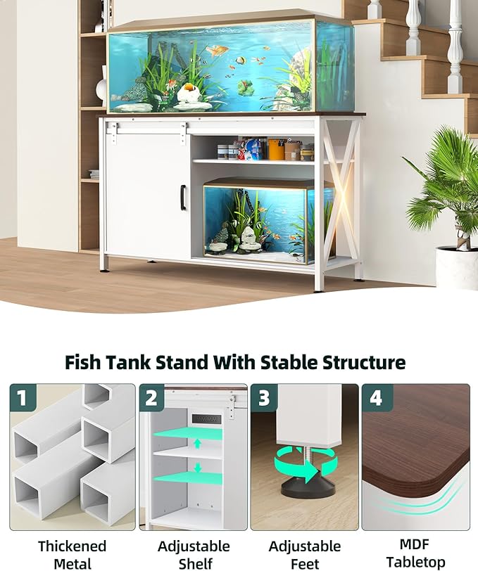 Aquarium Stand for Fish Tank: 55-75 Gallon Fish Tank Stand with Sliding Door - Heavy Duty Metal Aquarium Table with Power Outlet - 2-Tier Breeder Reptile Terrarium Stand for Home & Office(White)