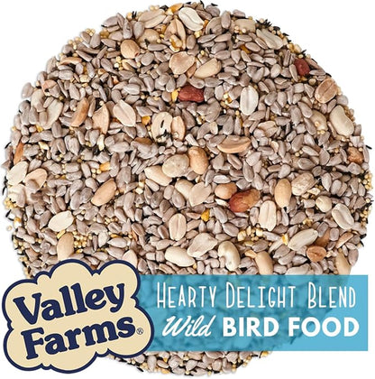 Valley Hearty Delight Wild Bird Food for Outside Feeders, No-Mess Wild Bird Seed with Sunflower Hearts & Peanut Kernels, Filler Free Bird Seed Perfect for Outdoor Patios, (4 LBS)