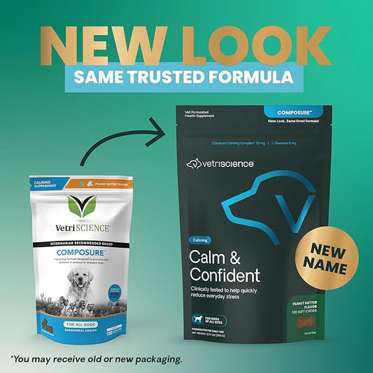 VetriScience Calm & Confident Chews, Composure Clinically Tested Calming and Anxiety Supplement for Dogs, Reduce Stress and Fear, for Thunderstorms, Fireworks and Travel, Peanut Butter, 120 Count
