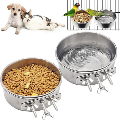 Hamiledyi 2 Pcs Dog Crate Bowl Stainless Steel Puppy Bowls Sturdy Spill-Proof Pet Water Bowl Hanging Water/Food Metal Bowls for Puppy Medium-Sized Dogs Cats (6.3''x2.3'')