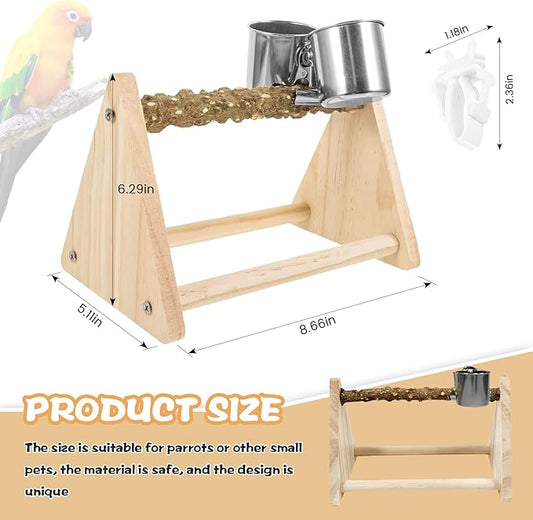 Parrot Play Wood Stand, Bird Perch Stand with Feeder Cups, Bird Grinding Perch Stands for Small Cockatiels, Conures, Parakeets, Finch