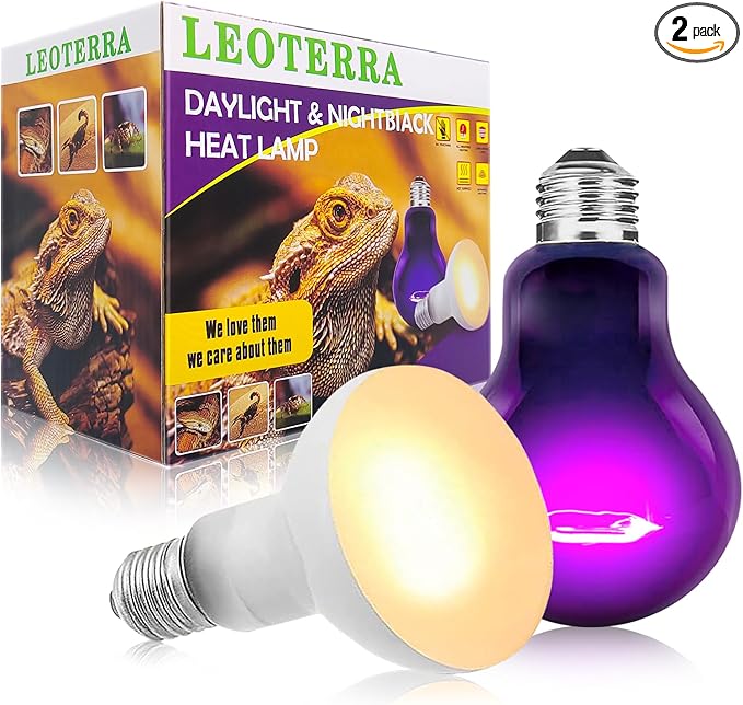 Leoterra 50w Reptile UVA Incandescent Basking Spot Light Bulbs and 50w Incandescent Night Black Heat Lamp Bulbs Combo Pack, for Bearded Dragon Snake Lizard Heating Lighting Use.120V E26 Base