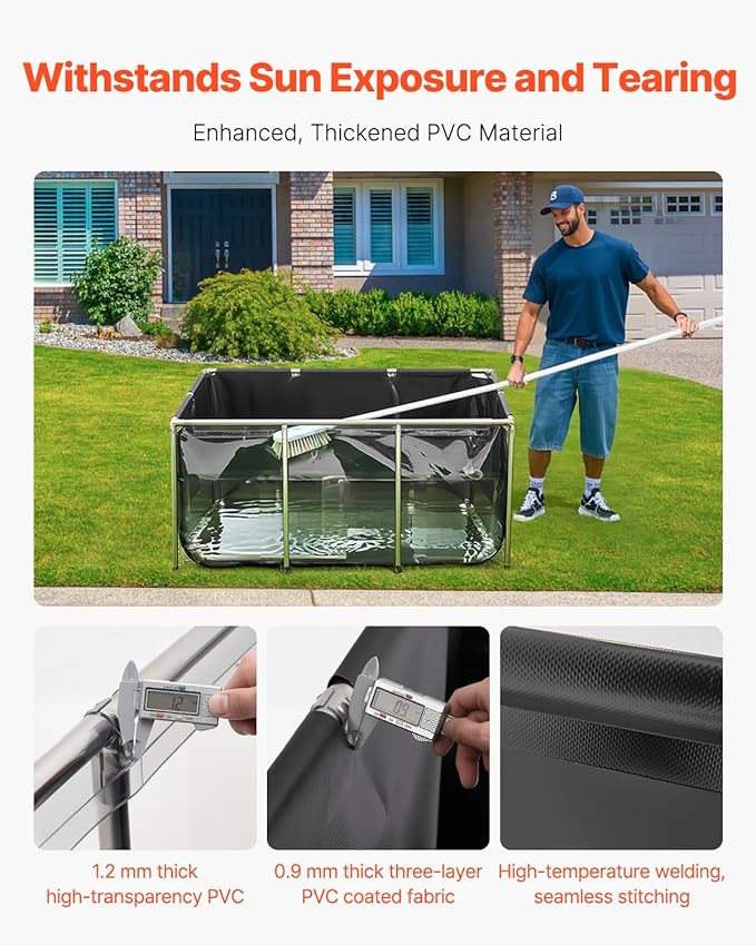 VEVOR Canvas Fish Pond, 270 Gal Above Ground Fish Pond, PVC Koi Tank with Clear Viewing Panel, Rectangular Goldfish Tank with Stainless Steel Frame & Drain Valve, for Breeding Koi, Irrigation(Black)