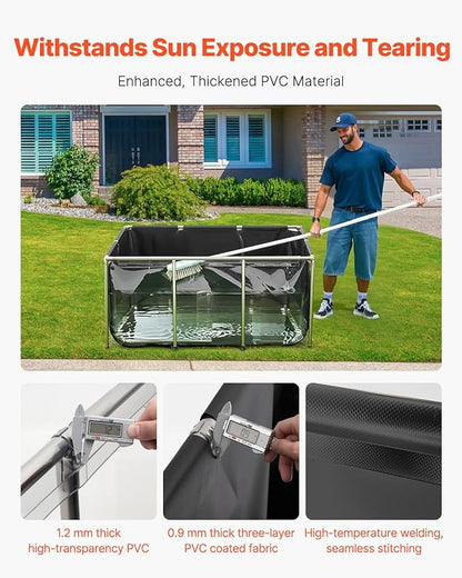 VEVOR Canvas Fish Pond, 270 Gal Above Ground Fish Pond, PVC Koi Tank with Clear Viewing Panel, Rectangular Goldfish Tank with Stainless Steel Frame & Drain Valve, for Breeding Koi, Irrigation(Black)