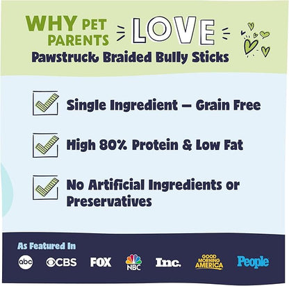 Pawstruck Natural 7” Braided Bully Sticks for Dogs, Tough Long-Lasting, Rawhide-Free, Low Odor, Healthy Single Ingredient Chew Treat for Aggressive Chewers, 25 Count, Packaging May Vary