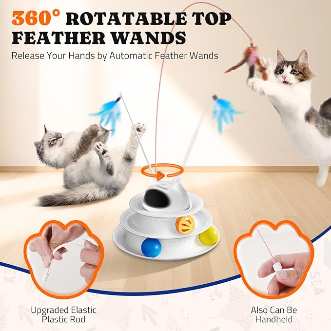 Interactive Cat Toy: 5 in 1 Automatic Cat Toy for Indoor Cats, Rechargeable Hide and Seek Toy with PVC Cover, Battery Operated Kitten Laser Toy, Self Play Fluttering Feather Wand with Track Ball