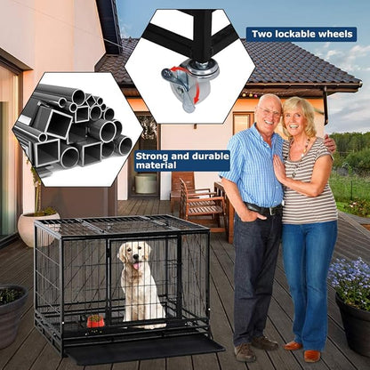 Dog Crate Cage for Large Dogs Heavy Duty 48 Inches Dog Kennel Pet Playpen for Training Indoor Outdoor with Plastic Tray Double Doors & Locks Design