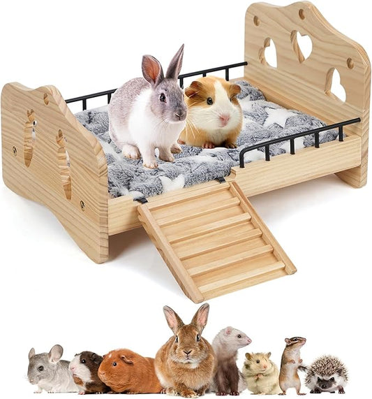 Wooden Rabbit Bed,Detachable Small Animal Bed,Wooden Guinea Pig Bed with Stairs and Washable Mat,Guinea Pig Toys for Rabbit Chinchillas Hamster Ferret（Small Rabbits & Bunny Only） 16.5 * 11 * 3.9inch