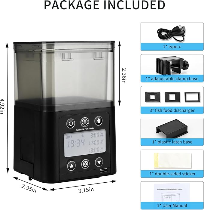 Automatic Fish Feeder for Aquarium with Timer, LCD Display 320ML Large Capacity Adjustable Fish Dispenser, Operated Feeders for Goldfish, Turtle for Vacation, Weekend or Daily Use(Black)