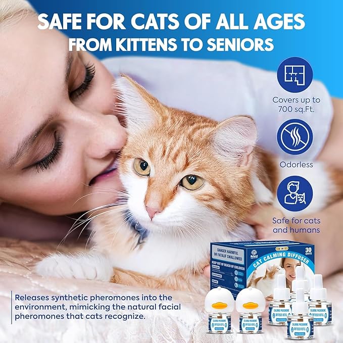 Cat Calming Pheromones Diffuser: 6-in-1 Kit Cat Appeasing Pheromone Diffuser to Calm (2 Plugin+4x48ml Refills) for Comfort Reduces Stress Anxiety, Long-Lasting Appeasing Pheromone for Pet Cat (6in1)