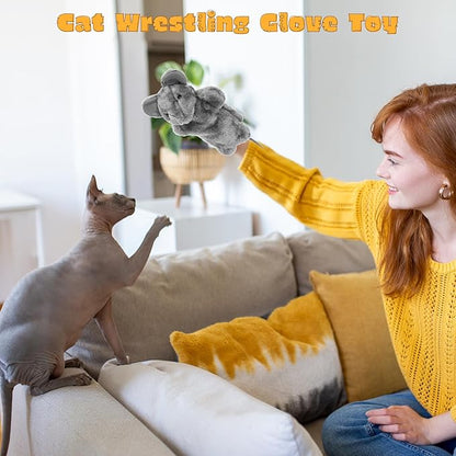 2 Pcs Cat Wrestling Glove, Mouse Chicken Puppet Glove Interactive Cat Toys, Soft Cats Wrestling Toy Puppet for Kitten Playing, Training, and Exercise (Gray, Yellow)