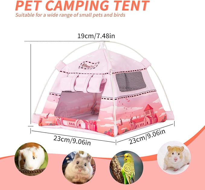 Hamster Mini Camping Tent Hideout, Syrian Hamster Tent House Rat Bed Without Installing, Lightweight & Easy to Clean, Suitable for Mouse, Fancy Rat, Chipmunk and Mini Guinea Pig (Pink)