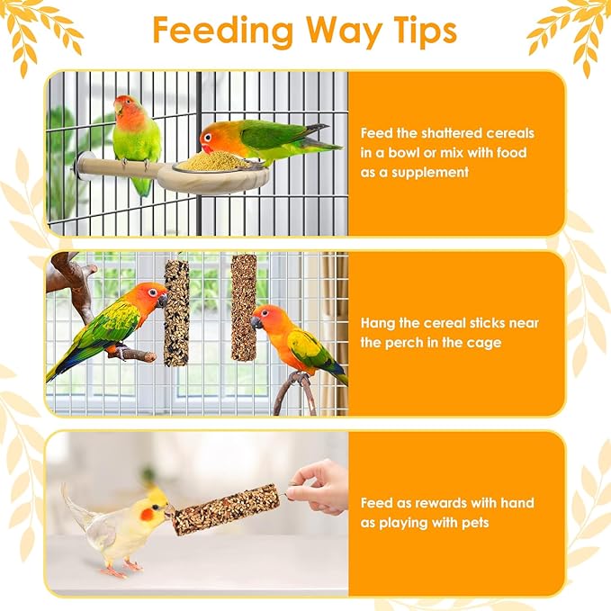 KATUMO 3PCS Bird Treats Parrot Crunch Sticks Parakeet Grains Mixed Treats Cockatiel Snacks Budgie Food Sticks for Lovebird Conure Myna Canary Parrots