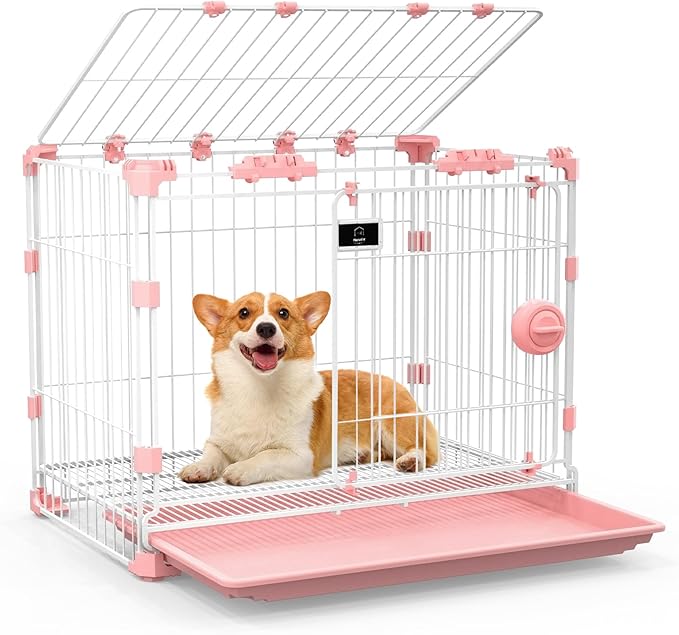Dog Crate for Medium Dogs,30 inch Metal Dog Kennel Indoor Wire Dog Cage with Sliding Door and Removable Tray,Open Top Pet Crate for Medium,Pink