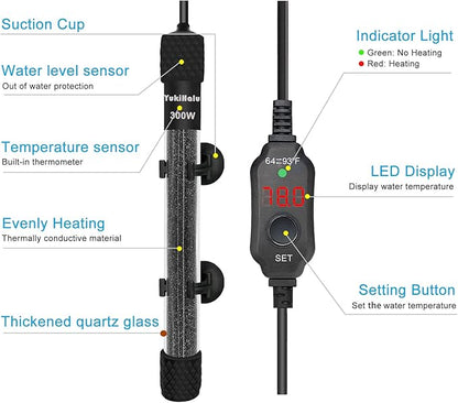 YukiHalu Small Submersible Aquarium Heater, Adjustable Mini Fish Tank Heater 25W 50W 100W 200W 300W with External Temperature Controller, LED Display, Used for 5/10/20/40/60 Gallons (300 Watt)