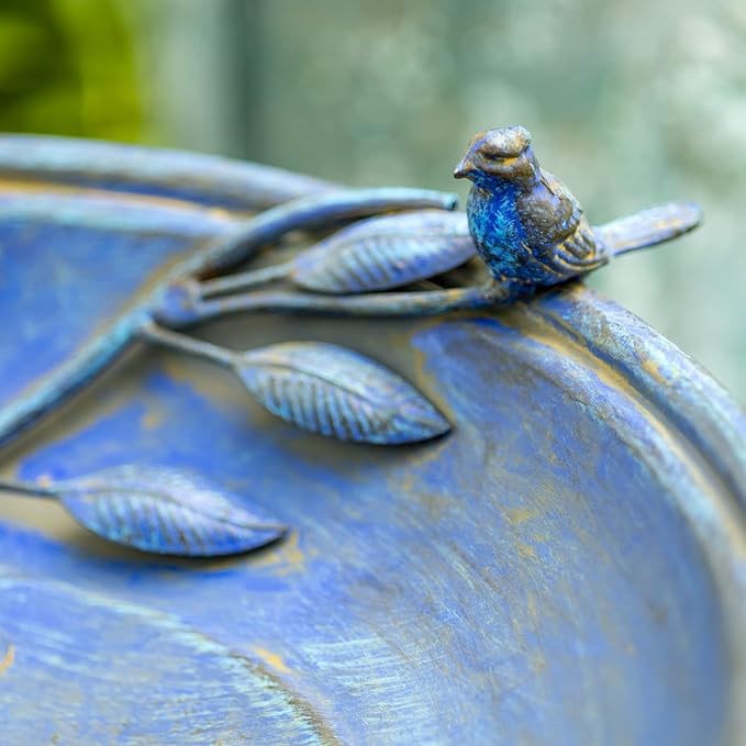 Zaer Ltd. Deep Well Made Metal Birdbath with 2 Cast Iron Birds and Leaf Decoration (Frosted Blue)