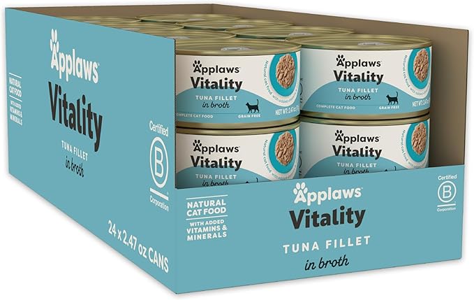 Applaws Vitality Wet Cat Food in Broth, Natural Cat Food with Added Vitamins & Minerals, Grain-Free, Carrageenan Free, Tuna Fillet in Broth (24 Count, 2.47 oz Cans)