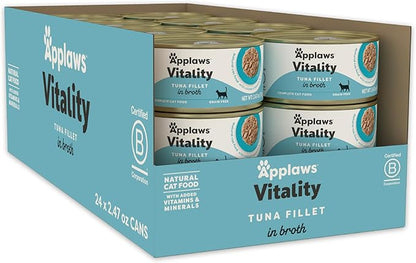 Applaws Vitality Wet Cat Food in Broth, Natural Cat Food with Added Vitamins & Minerals, Grain-Free, Carrageenan Free, Tuna Fillet in Broth (24 Count, 2.47 oz Cans)