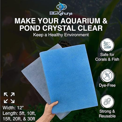 Big Kahuna Aquarium Filter Floss Rolls – 12-inch Pond and Aquarium Filter Media – 1-inch Thick Wet/Dry Aquarium Filter Pad – Bonded Filter Media Pad for Freshwater or Marine Aquariums, Ponds – 5ft