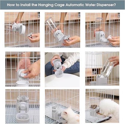Hanging Cage Automatic Food Water Dispenser, Auto Gravity 1.2L Self-Feeding Feeder and 0.52L Waterer Set, Crate Auto Feeder Dish for Puppy Cats Ferret Bunny Guinea Pig Small Pets (Grey)