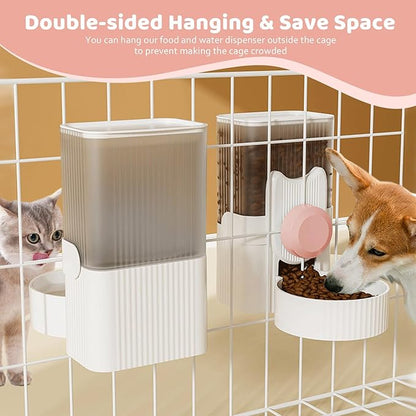 Hanging Cage Automatic Small Pet Food Bowl Water Bottle Dispenser, 1L Auto Gravity Pet Feeder and Waterer Set Kennel Feeding Station Crate Feeder Dish for Rabbit Puppy Cats Ferret (Pink)
