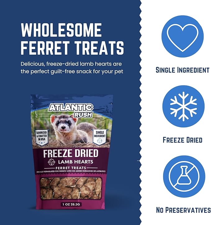 Atlantic Rush Freeze Dried Small Pet Treats - Resealable Bag of Turkey Heart Treats for Ferrets - Ferret Snacks - Single Ingredient Ferret Food with No Preservatives Or Fillers- Small Animals Treats