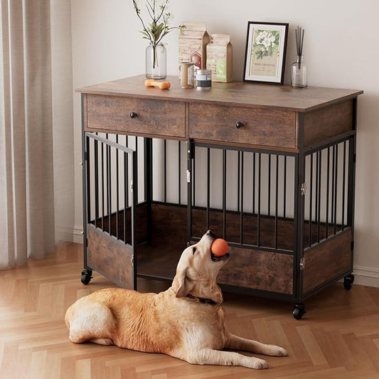 44.5" Dog Crate Furniture for Dogs with Storage Drawers, Indoor Dog Kennel with Wheels, Multi-Door Wooden Crates for Dogs Indoor as End Table with Lockable Casters, Pet Crate with Top Shelf