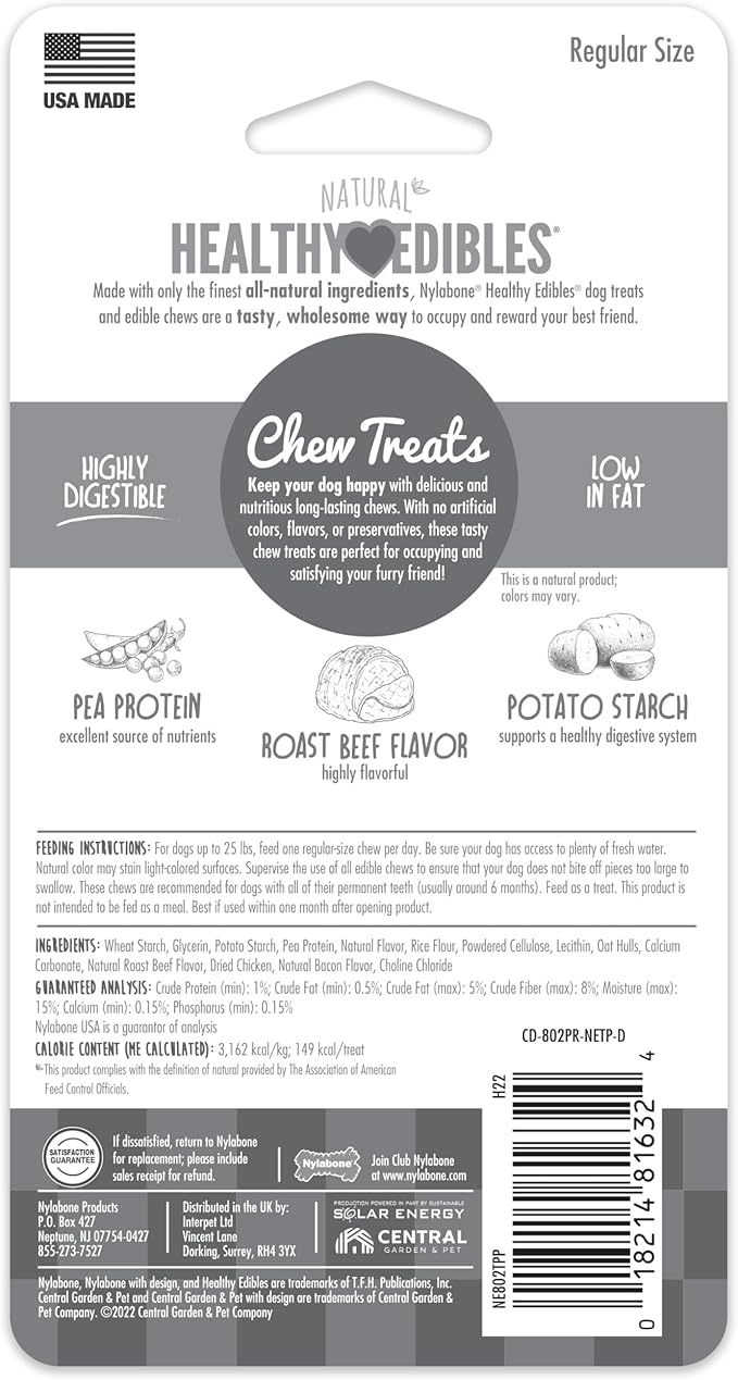 Nylabone Healthy Edibles Natural Dog Chews Long Lasting Roast Beef Flavor Treats for Dogs, Small/Regular (2 Count)