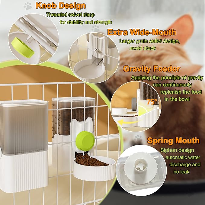 Rabbit Feeder for Cage,Hanging Automatic Cat Feeder and Water Dispenser,Ferret Cage Accessories,Food Water Bowl for Cats Rabbit Guinea Pig Cages(Cage Grid Spacing Over 1.2'')