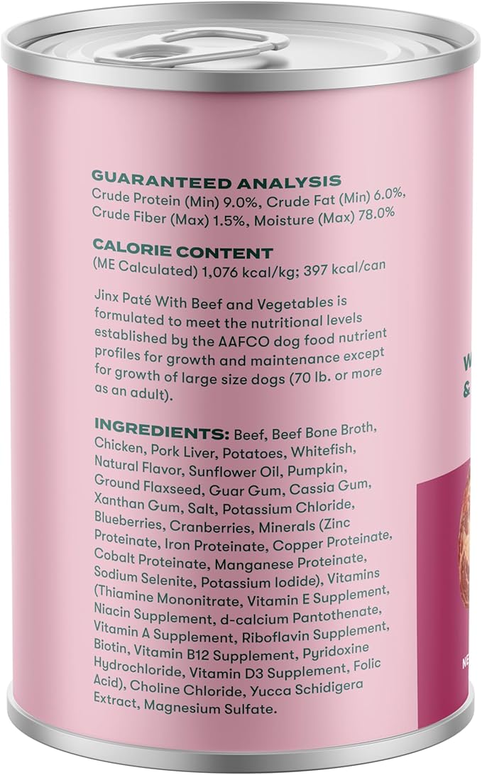 Jinx Premium Wet Dog Food Cans - Beef Pate - Grain-Free Canned Dog Food Pate & Topper with Real Ingredients & No Fillers - All Life Stages, Breeds & Sizes - 12-Pack, 13 Oz