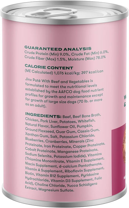 Jinx Premium Wet Dog Food Cans - Beef Pate - Grain-Free Canned Dog Food Pate & Topper with Real Ingredients & No Fillers - All Life Stages, Breeds & Sizes - 12-Pack, 13 Oz
