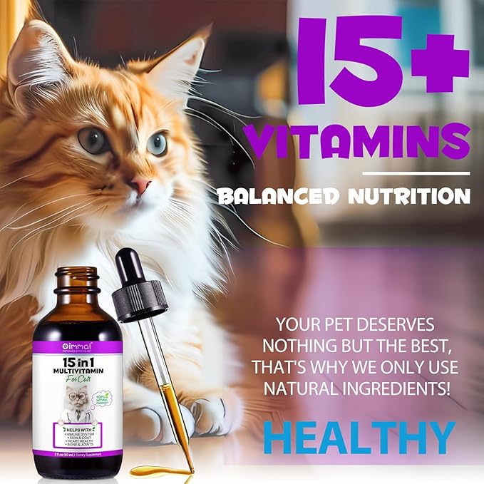 Cat Multivitamin, 15 in 1 Cat Multivitamin Liquid Drops, Cats Vitamins and Supplements with Glucosamine and Probiotics, Bones, Joint, Skin & Coat, Bladder, Immune System Support, 60ML