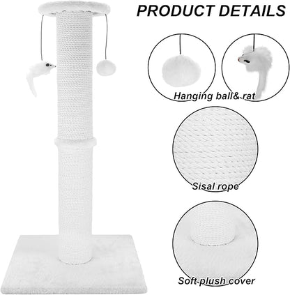Cat Scratching Post 34 Inches Heavy Duty and Thicker Cat Scratching Post Sisal Rope with Hanging Ball and Mice Scratching Post for Indoor Cats and Adult(White)