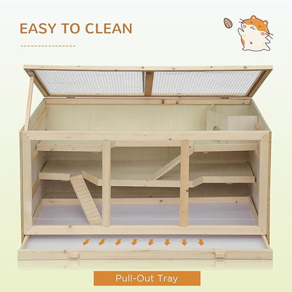 PawHut 45" Extra Large Wooden Hamster Cage, 3-Layer Chewproof Rat Cage with Opening Roof, Hut, Ramps, for Gerbil, Dwarf & Syrian Hamsters, Natural