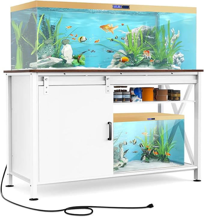 Aquarium Stand for Fish Tank: 55-75 Gallon Fish Tank Stand with Sliding Door - Heavy Duty Metal Aquarium Table with Power Outlet - 2-Tier Breeder Reptile Terrarium Stand for Home & Office(White)