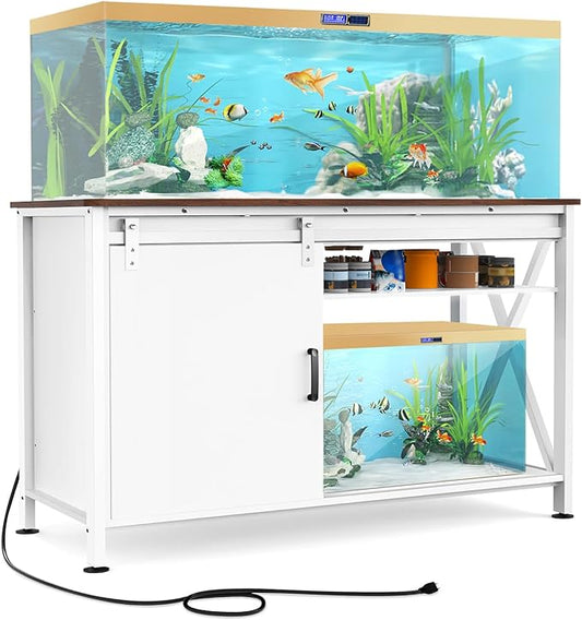 Aquarium Stand for Fish Tank: 55-75 Gallon Fish Tank Stand with Sliding Door - Heavy Duty Metal Aquarium Table with Power Outlet - 2-Tier Breeder Reptile Terrarium Stand for Home & Office(White)