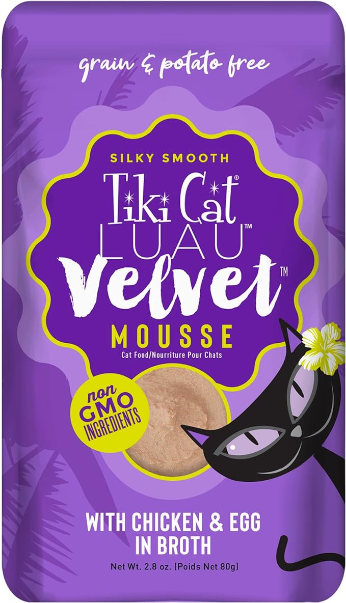 Tiki Cat Luau Velvet Mousse, Chicken & Egg in Broth, Complete Nutrition for Balanced Diet, Wet Cat Food For All Life Stages, 2.8 oz. Pouch (12 Count)