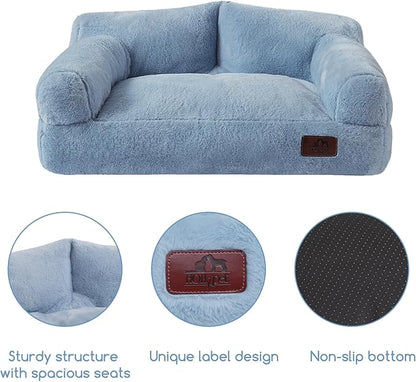 Hollypet Fluffy Plush Pet Cat Couch Soft Calming Pet Sofa Beds for Medium Small Cats and Dogs, Sky Blue