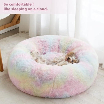 WNPETHOME Calming Dog Bed Cat Bed Donut, Faux Fur Pet Bed Self-Warming Donut Cuddler, Comfortable Round Plush Dog Beds (24 x 24 x 8 Inch, Rainbow)