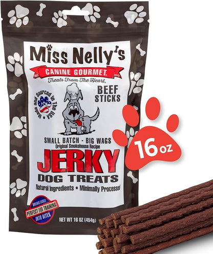 Miss Nelly's- All Natural Beef Jerky Dog Treats Made in USA Only - Beef Jerky Treats for Dogs Original Smoke House Recipe-Minimally Processed Soft Sticks - 16 oz. Bag.