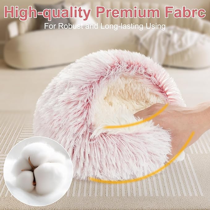 Soothing Guinea Pig Hideout, Doughnut Guinea Pig Bed with Hooded Cover, Washable Hamster Rabbit Bunny Bed, Washable Round Cave Beds for Small Animal Bunny Rabbit Hideout (Pink)